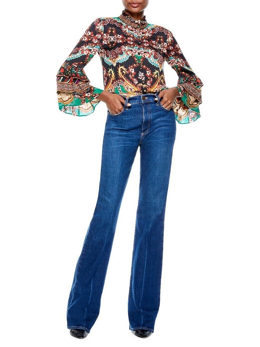 Alice and Olivia Liberty Printed Button-Front Tiered Ruffled Blouse Small